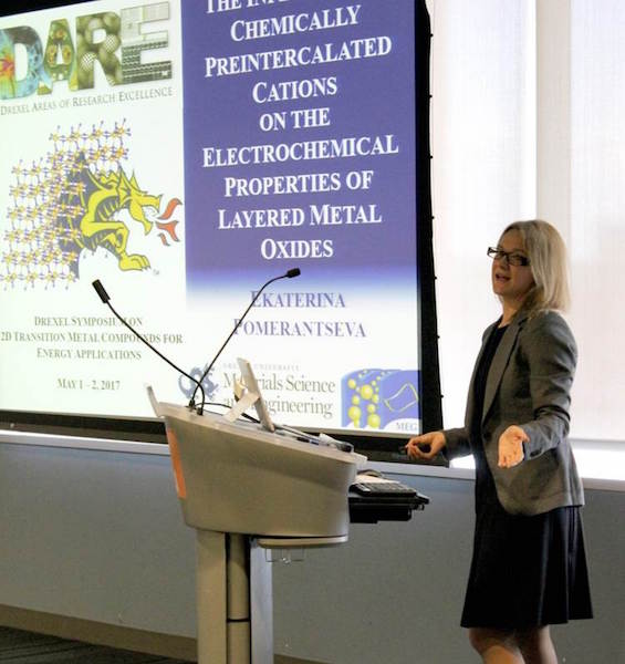 Professor Ekaterina Pomerantseva of Drexel Materials presents her work on layered oxides for battery technologies. (Photo credit, Saleesha Sin)